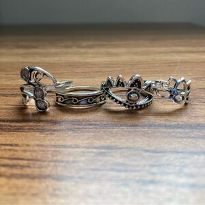 NIB 4 Charming Charlie Silver Boho Lotus, Evil Eye, Filigree & Bow Design Rings